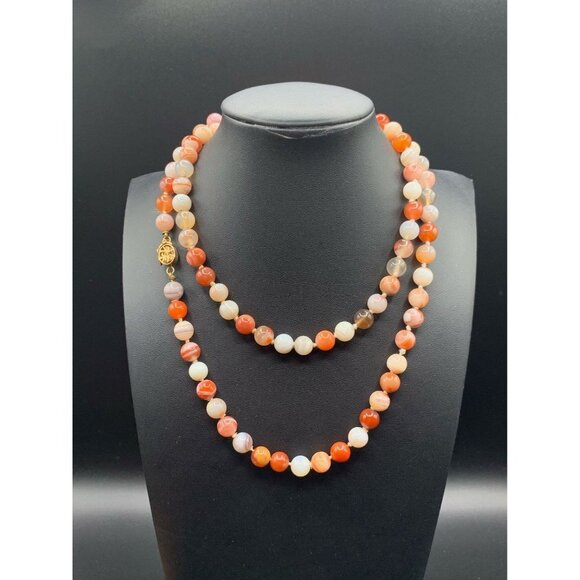 Striped Agate Necklace 14K Gold Hand Knotted Round Semi-Precious Stones Necklace - Picture 4 of 6